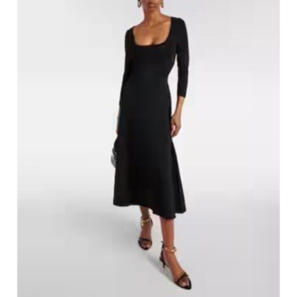 Staud Douvres Dress Black Ribbed Knit Scoop Neck Midi XL R24P2181VN